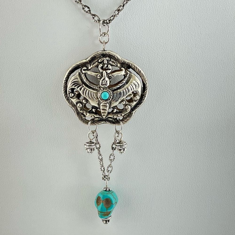 Moth & Skull Pendant Necklace, Handmade, 18" L, Goth, Spooky, Witchy - Picture 1 of 9